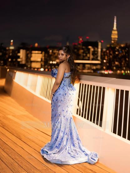 Luxurious Long Blue Strapless Sleeveless Mermaid Prom Dress with Sequins and Rhinestones