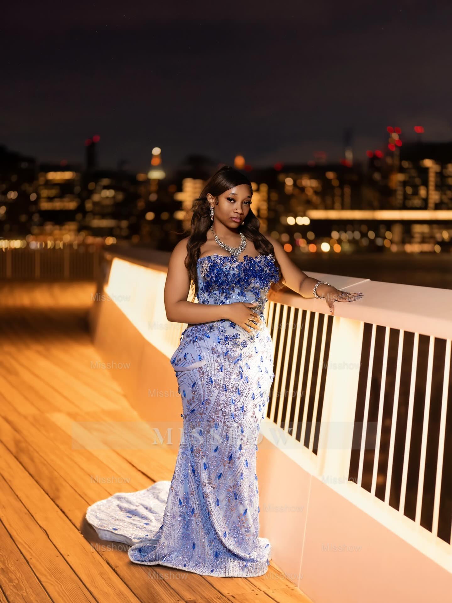 Luxurious Long Blue Strapless Sleeveless Mermaid Prom Dress with Sequins and Rhinestones