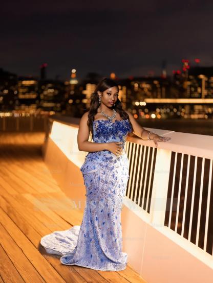 Luxurious Long Blue Strapless Sleeveless Mermaid Prom Dress with Sequins and Rhinestones