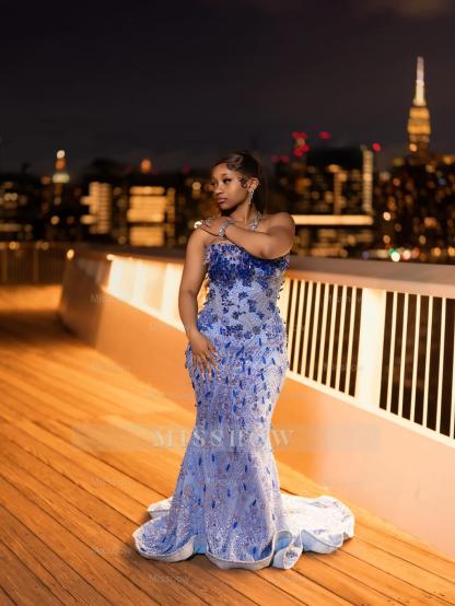 Luxurious Long Blue Strapless Sleeveless Mermaid Prom Dress with Sequins and Rhinestones