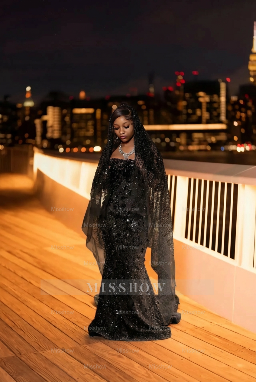 Luxurious Long Blue Strapless Sleeveless Mermaid Prom Dress with Sequins and Rhinestones