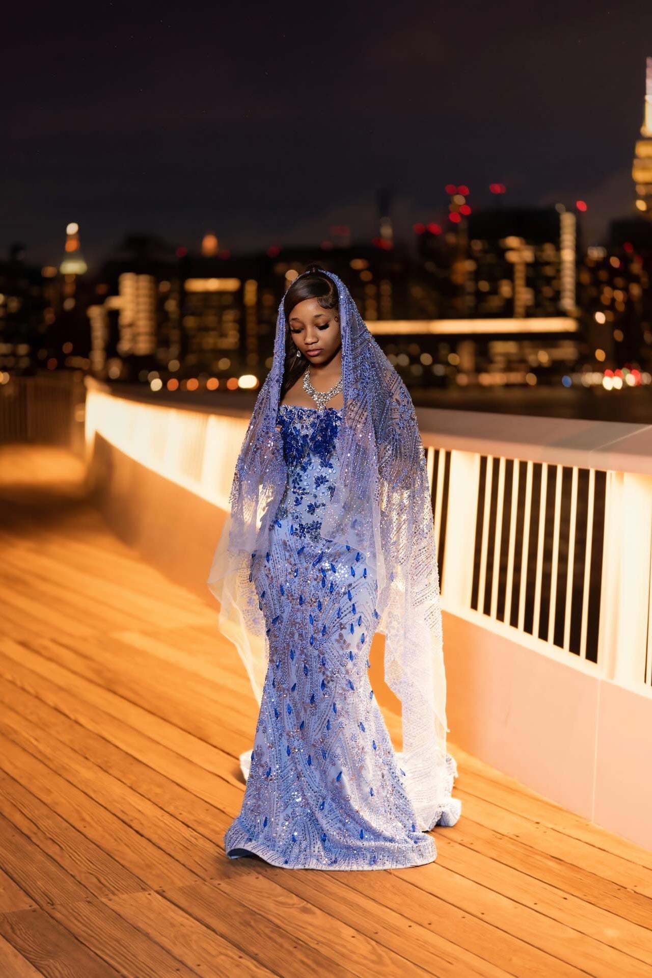 Luxurious Long Blue Strapless Sleeveless Mermaid Prom Dress with Sequins and Rhinestones