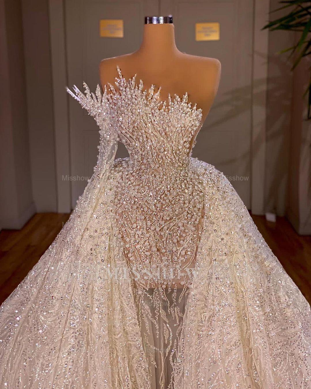 Luxurious Long White A-line Beading One Shoulder Wedding Dress With Sleeve