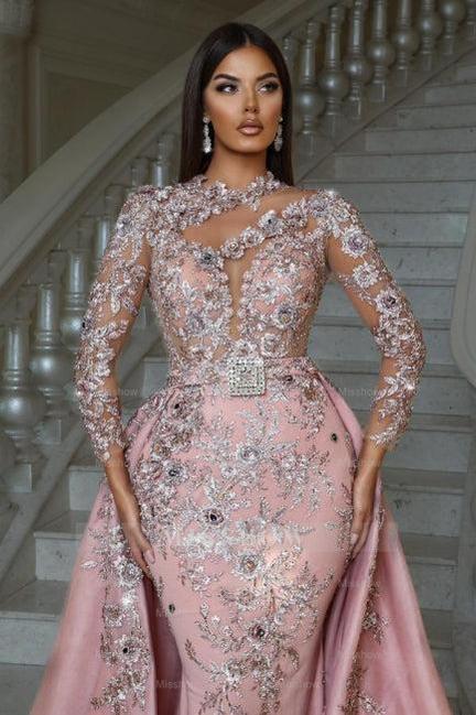 Luxurious Pink High Neck Beaded Embroidery Long Sleeves Detachable Panel Train Prom Evening Dresses With Rhinestone