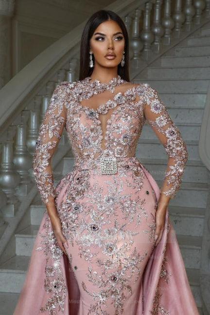 Luxurious Pink High Neck Beaded Embroidery Long Sleeves Detachable Panel Train Prom Evening Dresses With Rhinestone