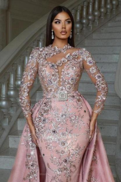 Luxurious Pink High Neck Beaded Embroidery Long Sleeves Detachable Panel Train Prom Evening Dresses With Rhinestone
