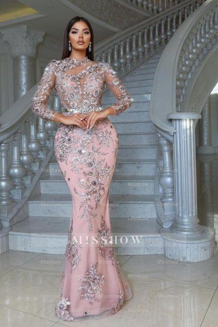 Luxurious Pink High Neck Beaded Embroidery Long Sleeves Detachable Panel Train Prom Evening Dresses With Rhinestone