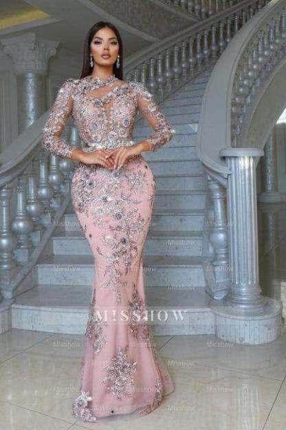 Luxurious Pink High Neck Beaded Embroidery Long Sleeves Detachable Panel Train Prom Evening Dresses With Rhinestone