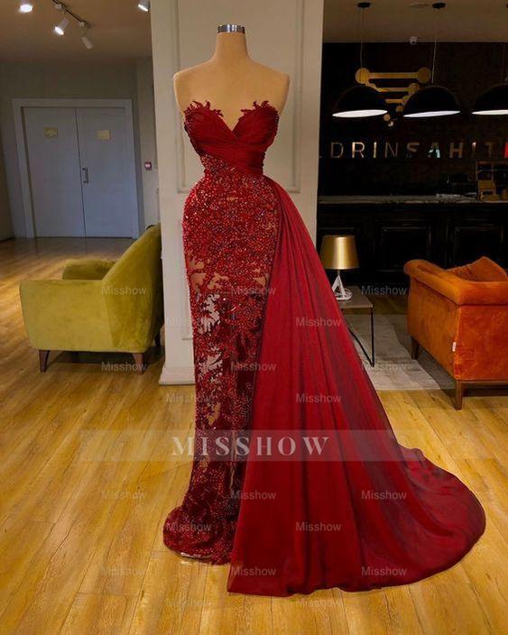 Luxury Burgundy Detachable Train Mermaid Prom Evening Dresses with Lace