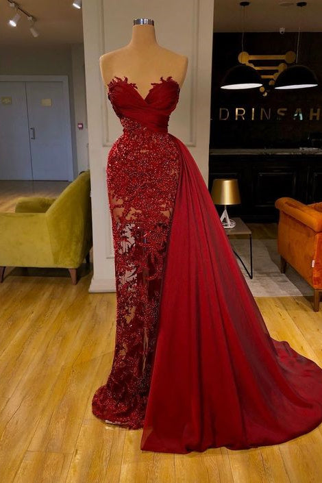 Luxury Burgundy Detachable Train Mermaid Prom Evening Dresses with Lace