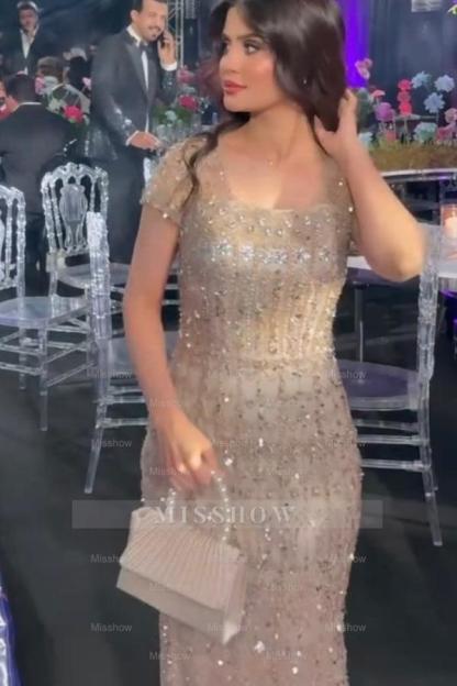 Luxury Champagne Short-Sleeve Square-Neck Mermaid Evening Dress with Rhinestones