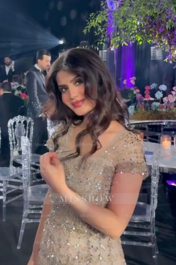 Luxury Champagne Short-Sleeve Square-Neck Mermaid Evening Dress with Rhinestones