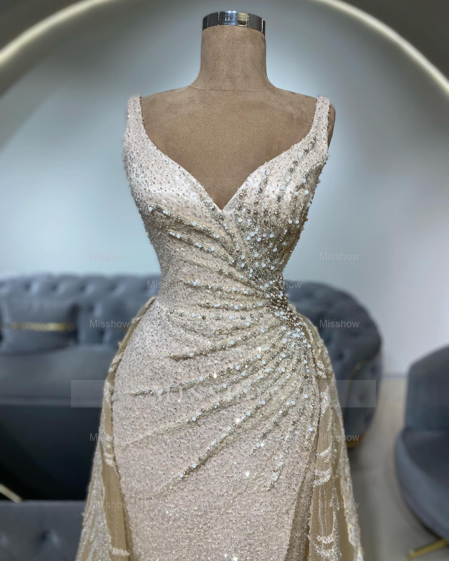 Luxury Champagne V-Neck Sleeveless Sequined Beaded Ruffles Detachable Train Tulle Prom Dress With Appliques