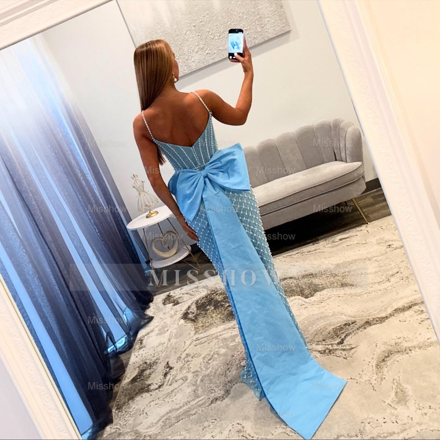 Luxury Long Blue Spaghetti Straps Mermaid Beaded Prom Dress with Bow