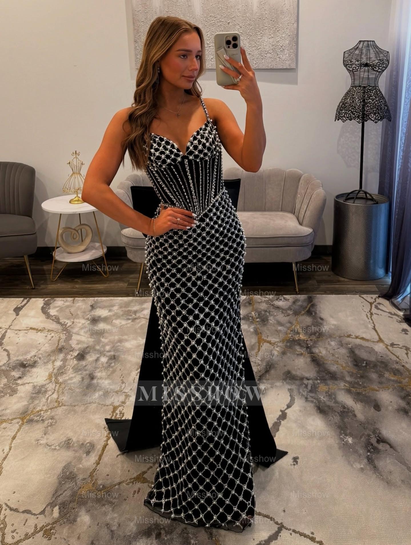 Luxury Long Blue Spaghetti Straps Mermaid Beaded Prom Dress with Bow