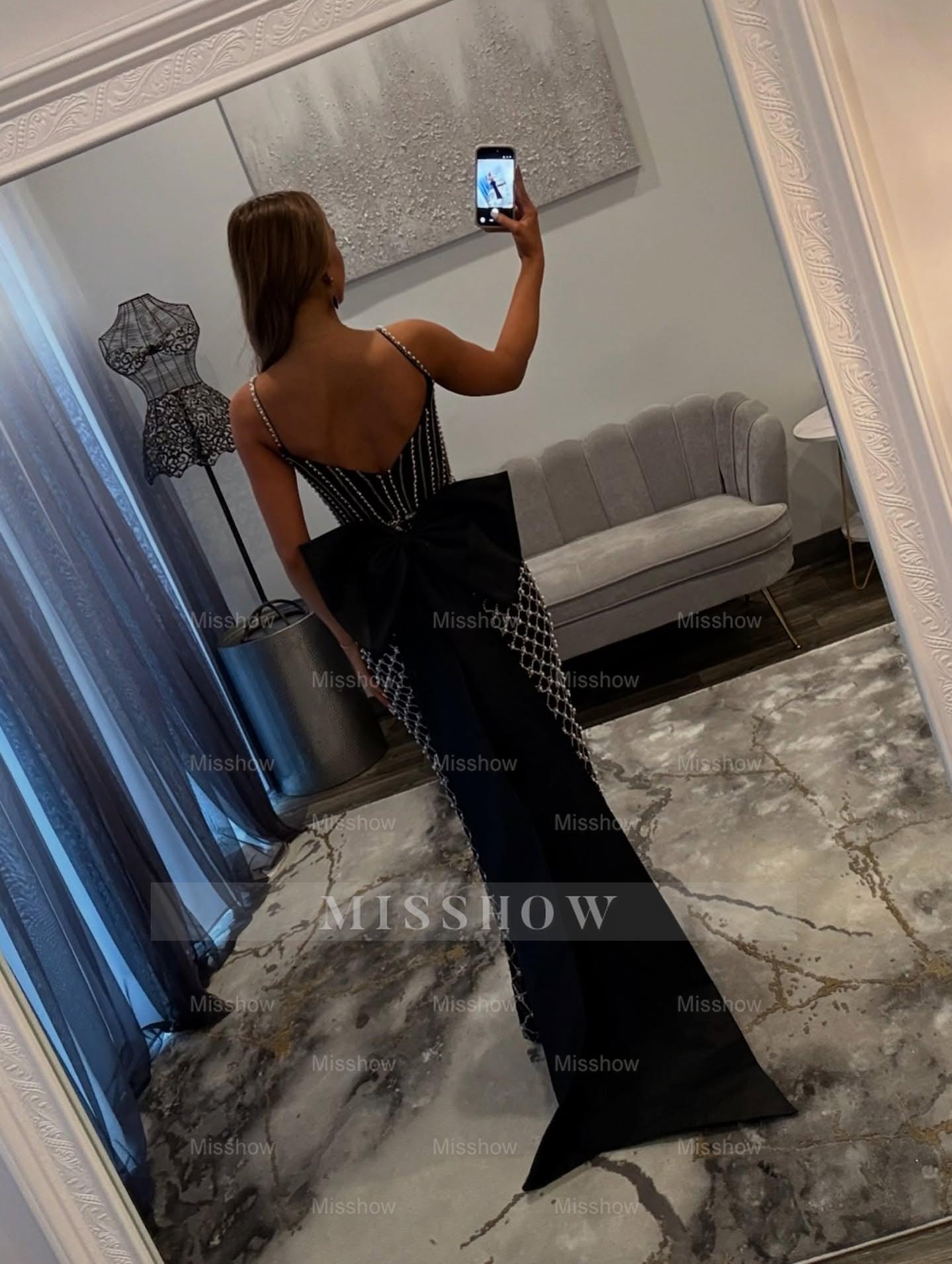 Luxury Long Blue Spaghetti Straps Mermaid Beaded Prom Dress with Bow