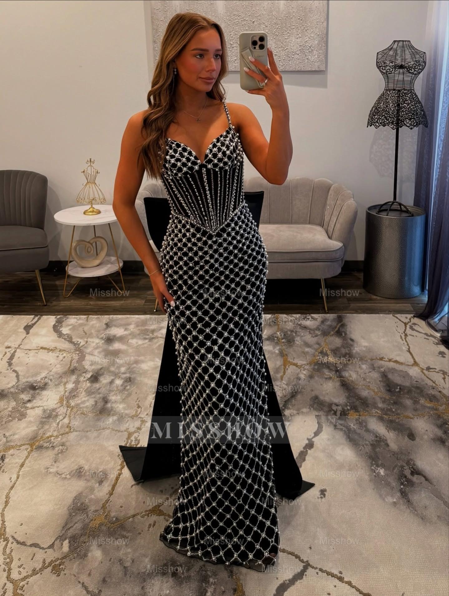 Luxury Long Blue Spaghetti Straps Mermaid Beaded Prom Dress with Bow