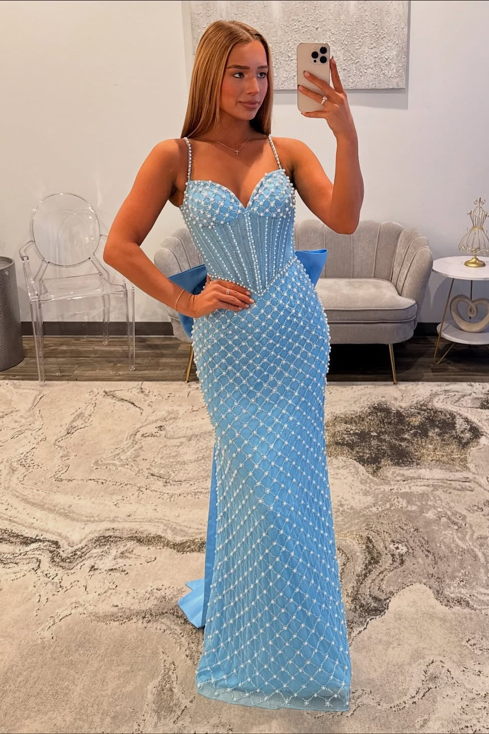 Luxury Long Blue Spaghetti Straps Mermaid Beaded Prom Dress with Bow