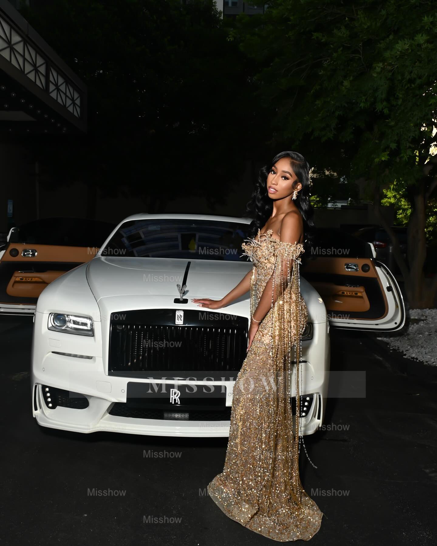 Luxury Long Gold Off-the-shoulder Beaded Mermaid Prom Dress with Lace