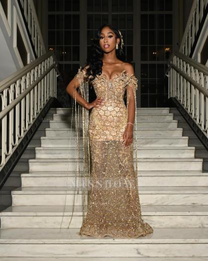 Luxury Long Gold Off-the-shoulder Beaded Mermaid Prom Dress with Lace