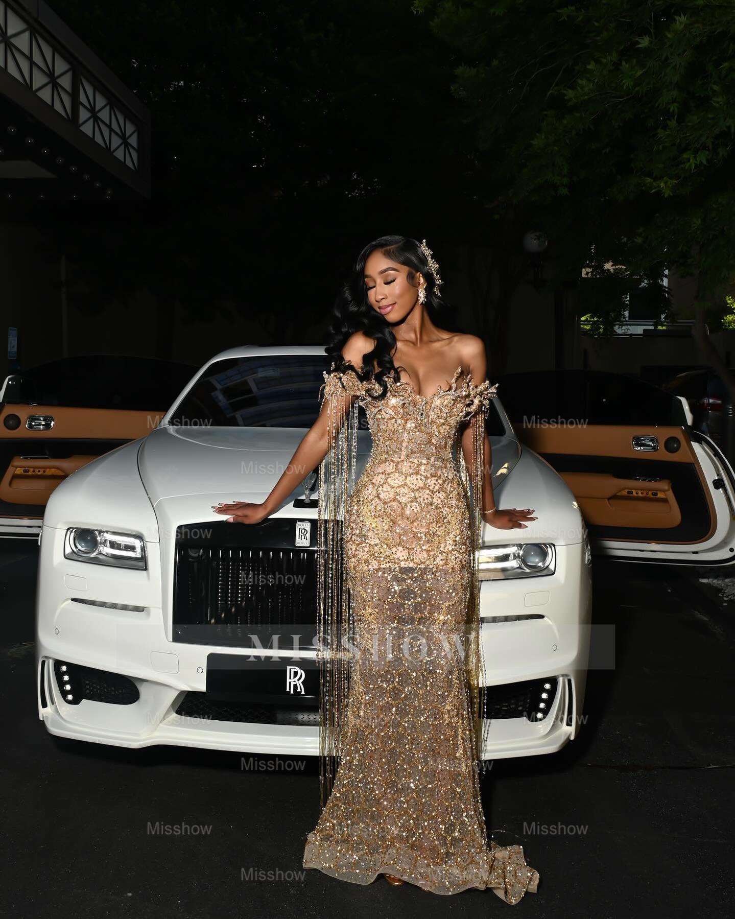 Luxury Long Gold Off-the-shoulder Beaded Mermaid Prom Dress with Lace