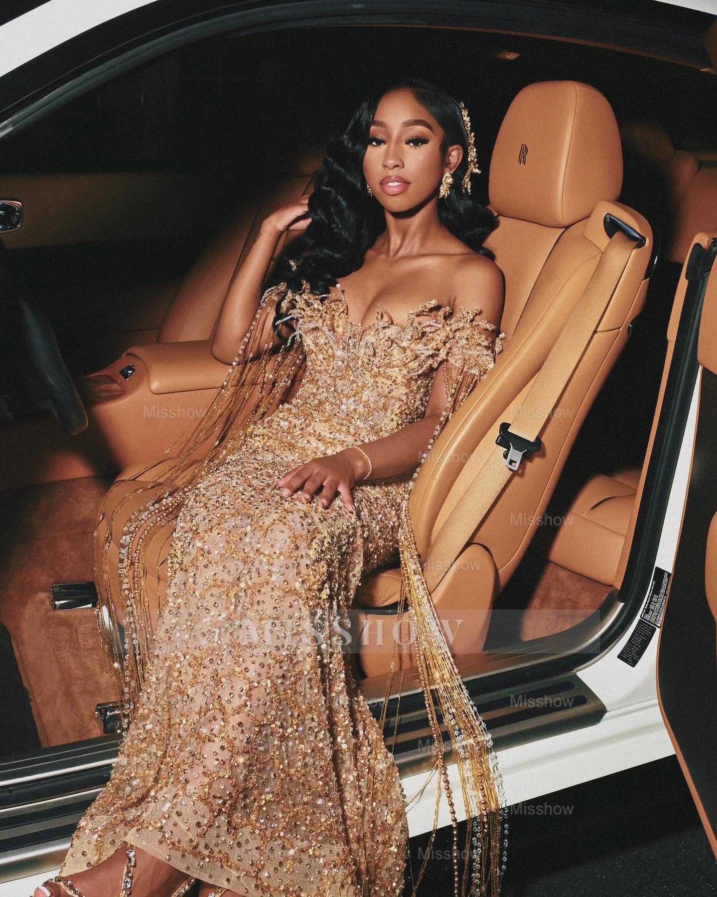 Luxury Long Gold Off-the-shoulder Beaded Mermaid Prom Dress with Lace