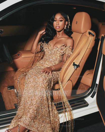 Luxury Long Gold Off-the-shoulder Beaded Mermaid Prom Dress with Lace