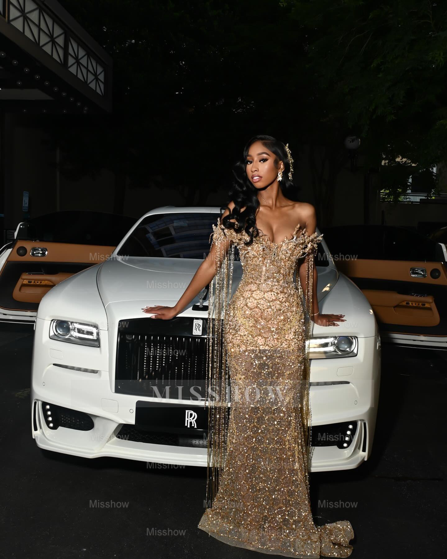 Luxury Long Gold Off-the-shoulder Beaded Mermaid Prom Dress with Lace