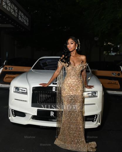 Luxury Long Gold Off-the-shoulder Beaded Mermaid Prom Dress with Lace