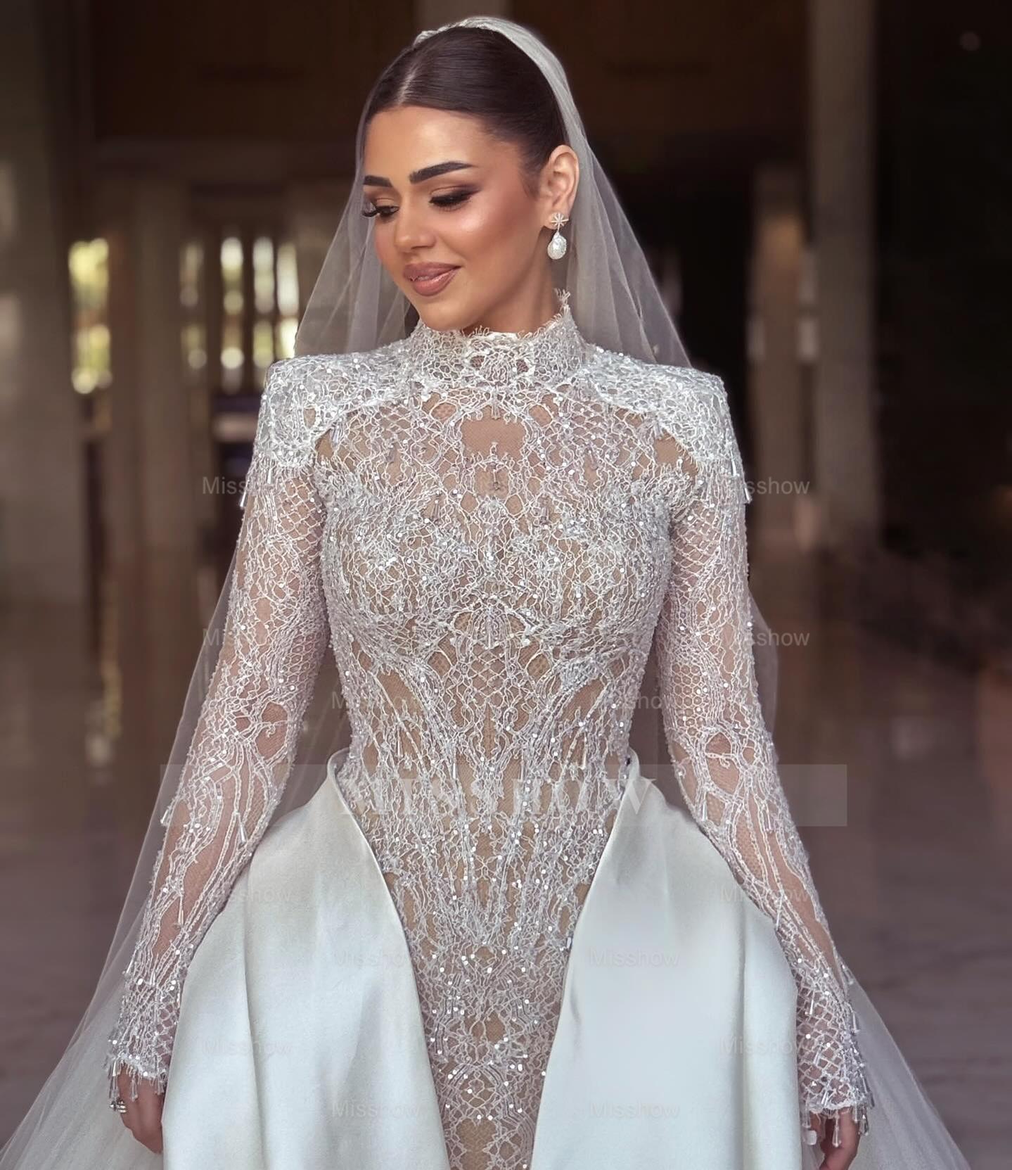 Luxury Long High Neck White Mermaid Lace Beaded Wedding Dress with Long Sleeves and Detachable Train