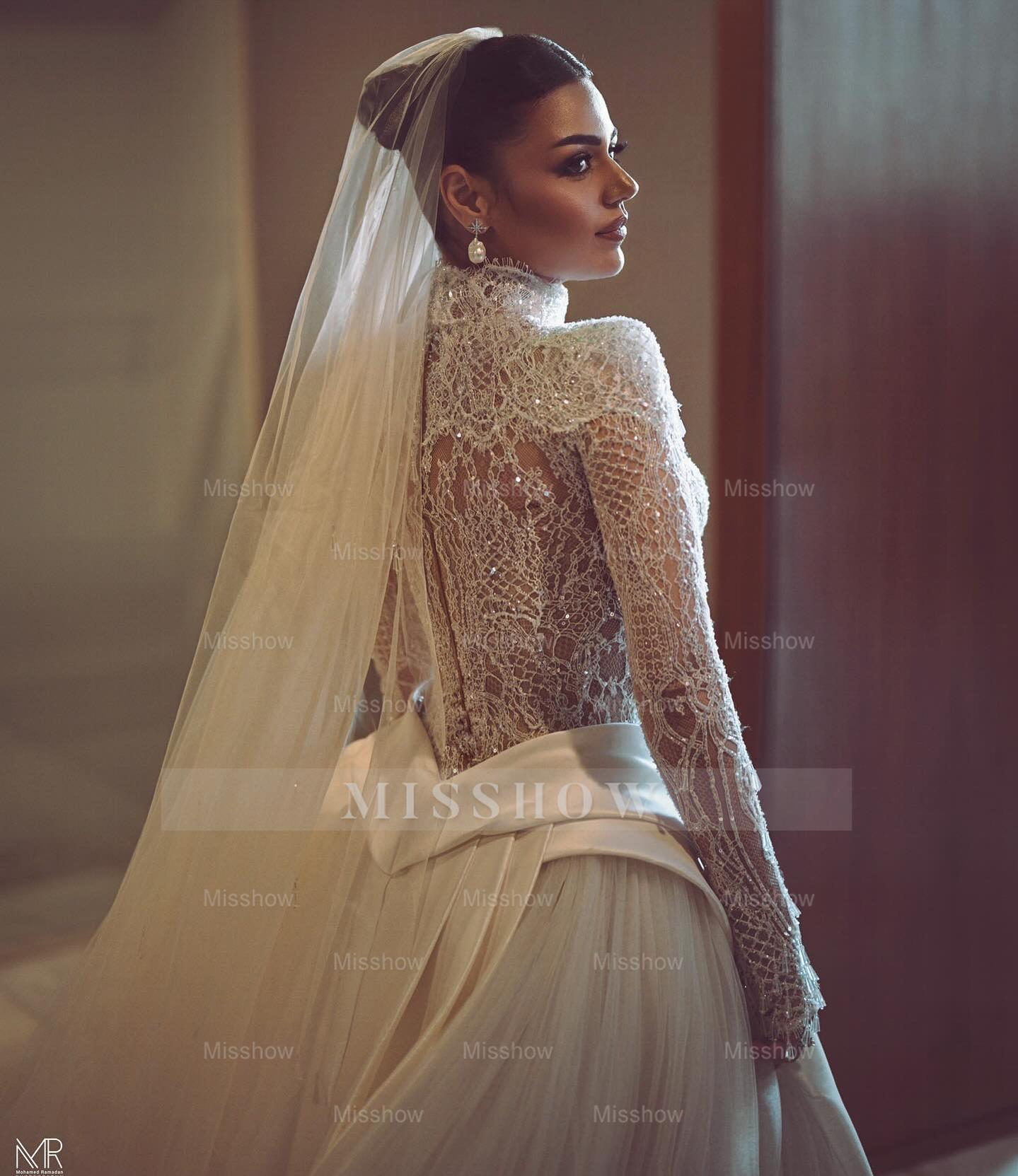 Luxury Long High Neck White Mermaid Lace Beaded Wedding Dress with Long Sleeves and Detachable Train