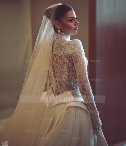 Luxury Long High Neck White Mermaid Lace Beaded Wedding Dress with Long Sleeves and Detachable Train