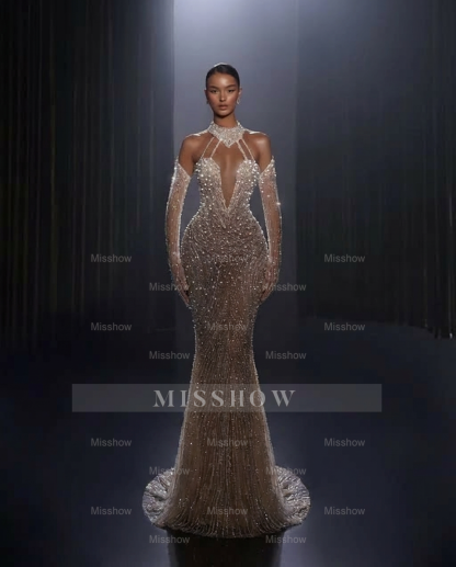 Luxury Long Mermaid Beaded Tulle Wedding Dress with Detachable Train