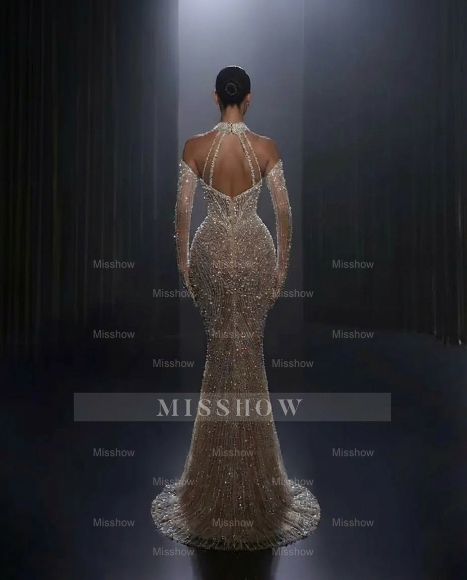 Luxury Long Mermaid Beaded Tulle Wedding Dress with Detachable Train