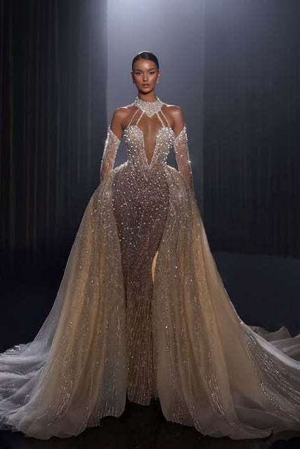 Luxury Long Mermaid Beaded Tulle Wedding Dress with Detachable Train