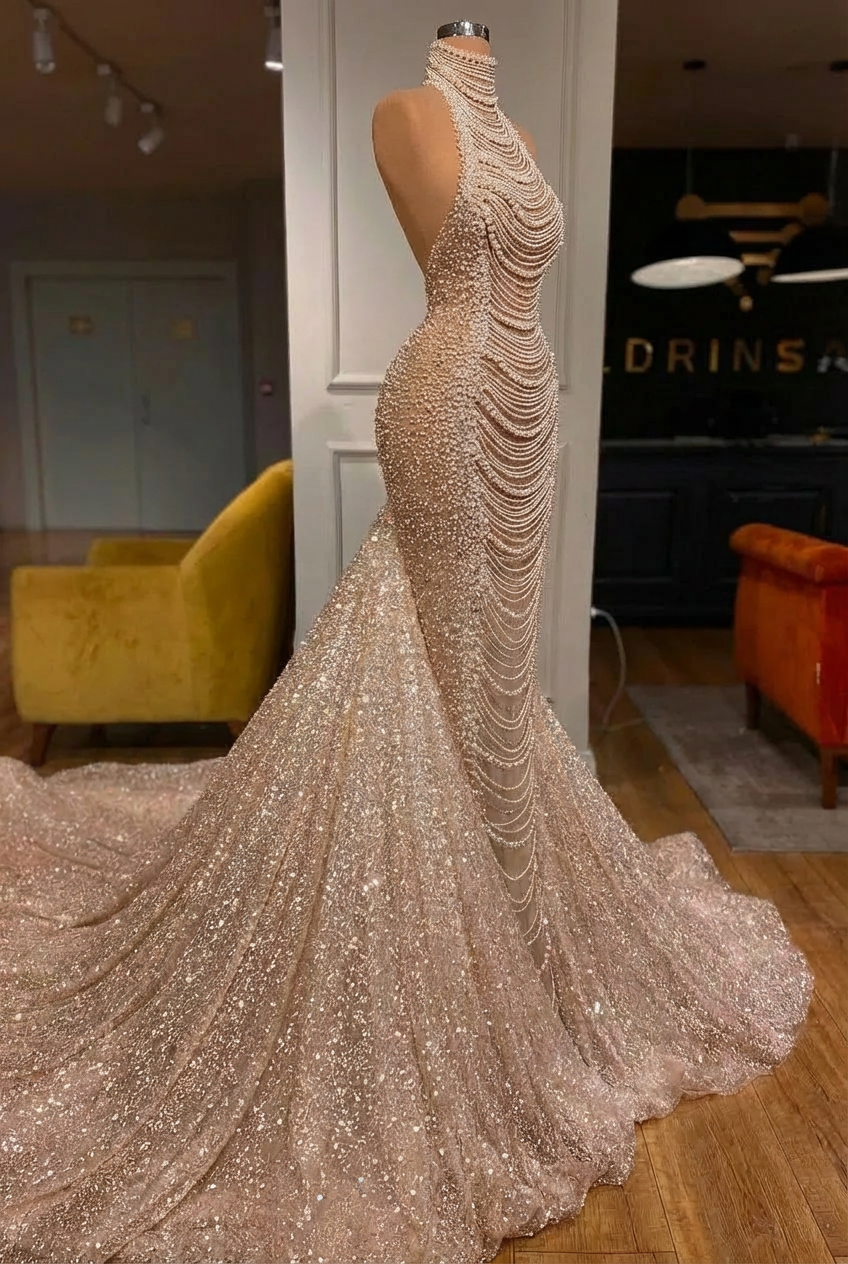 Luxury Long Mermaid Halter Beading Sleeveless Wedding Dress With Pearls