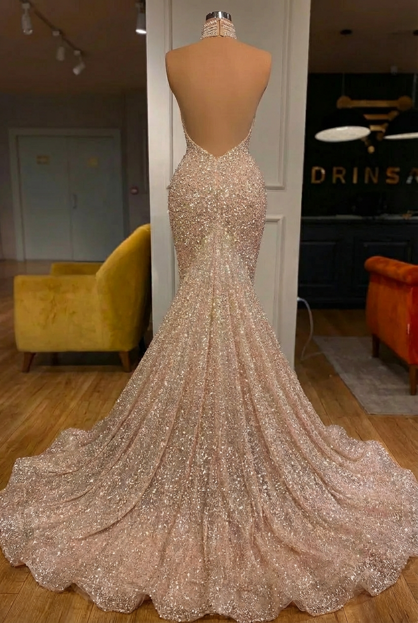 Luxury Long Mermaid Halter Beading Sleeveless Wedding Dress With Pearls