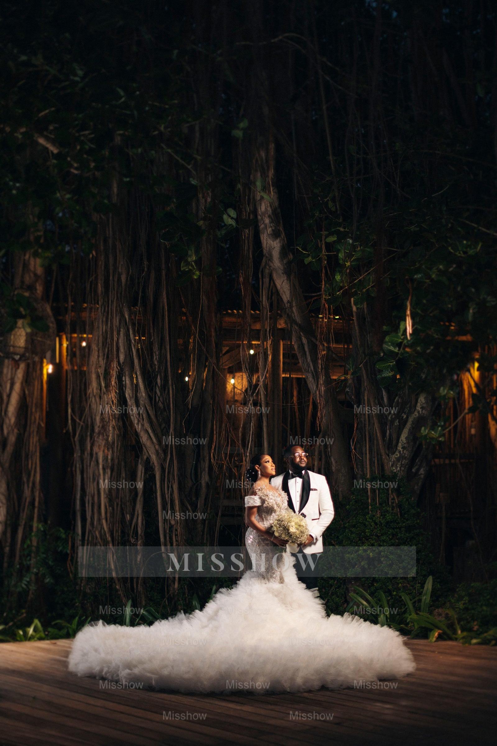 Luxury Long Mermaid Heavy Made Beaded Wedding Dress with Slit and Ruffles