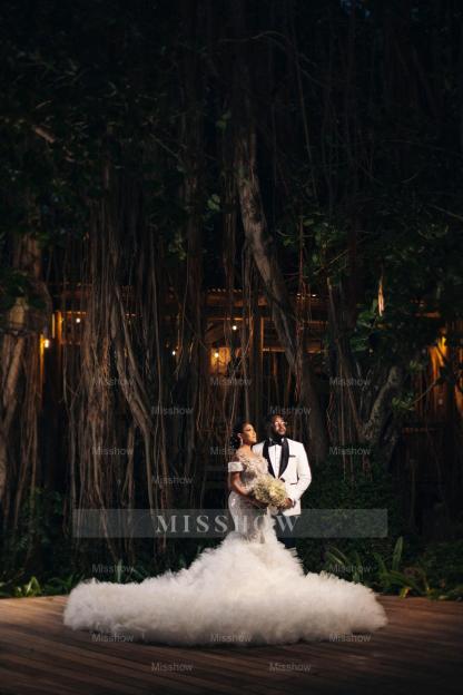 Luxury Long Mermaid Heavy Made Beaded Wedding Dress with Slit and Ruffles