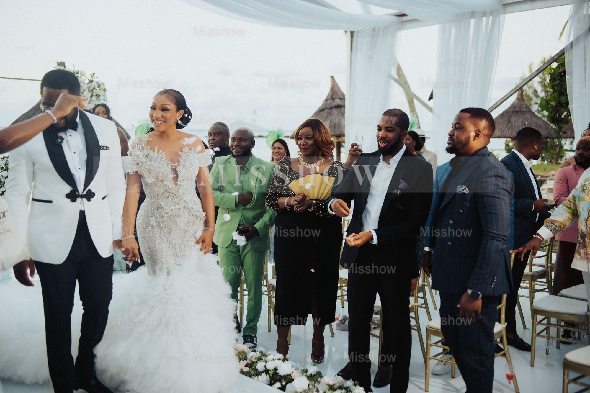 Luxury Long Mermaid Heavy Made Beaded Wedding Dress with Slit and Ruffles