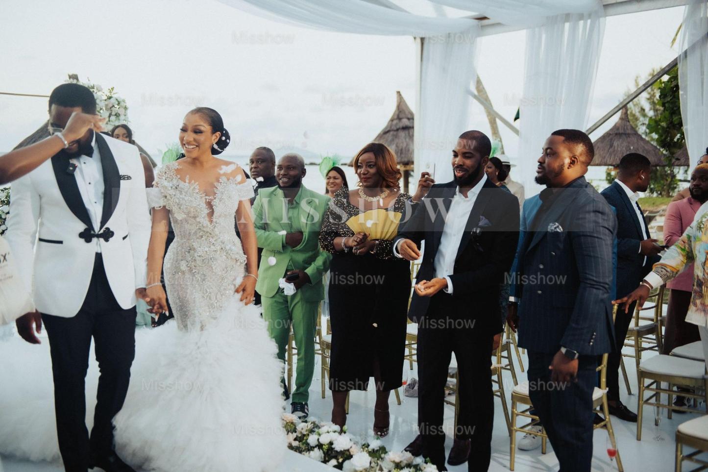 Luxury Long Mermaid Heavy Made Beaded Wedding Dress with Slit and Ruffles
