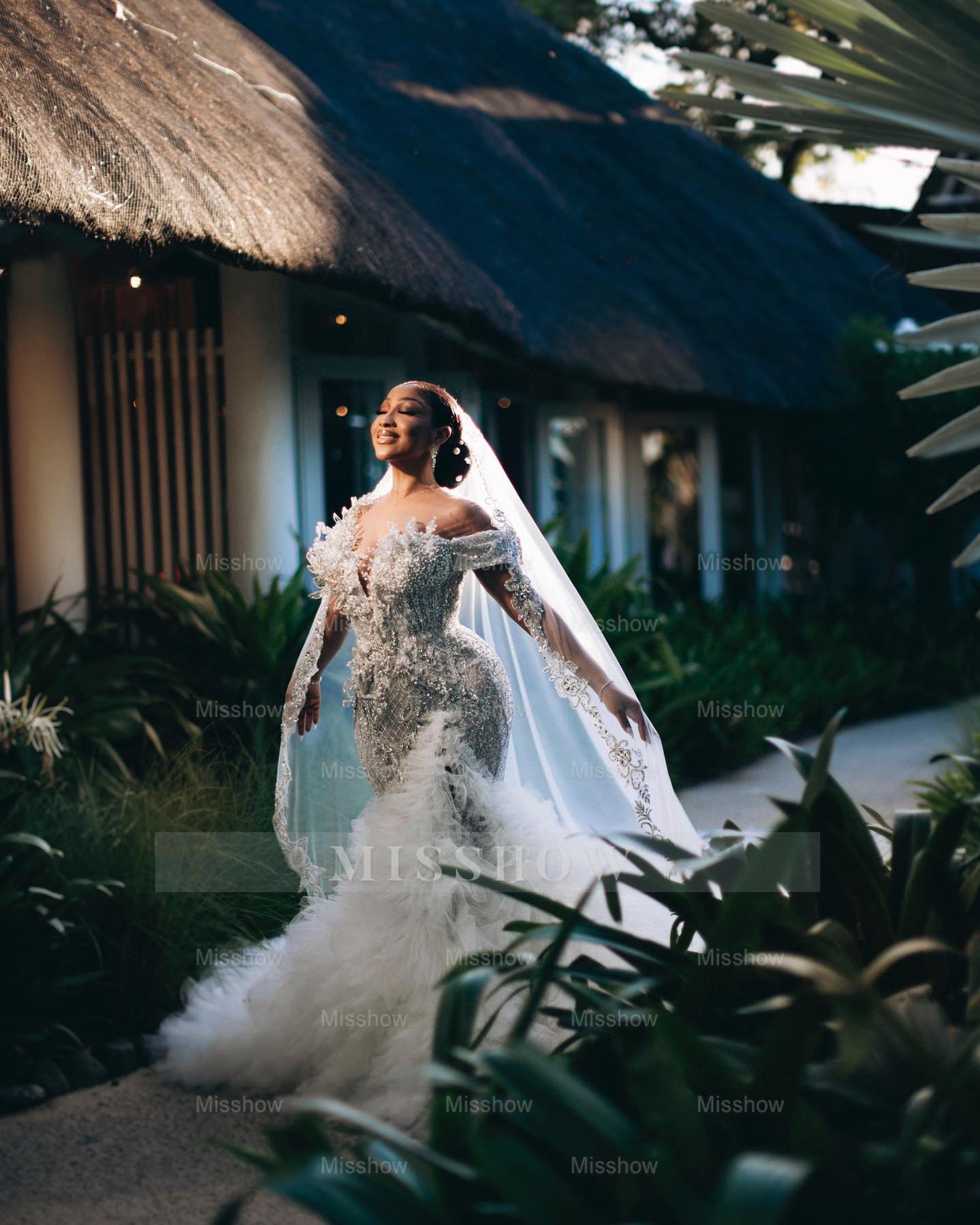 Luxury Long Mermaid Heavy Made Beaded Wedding Dress with Slit and Ruffles