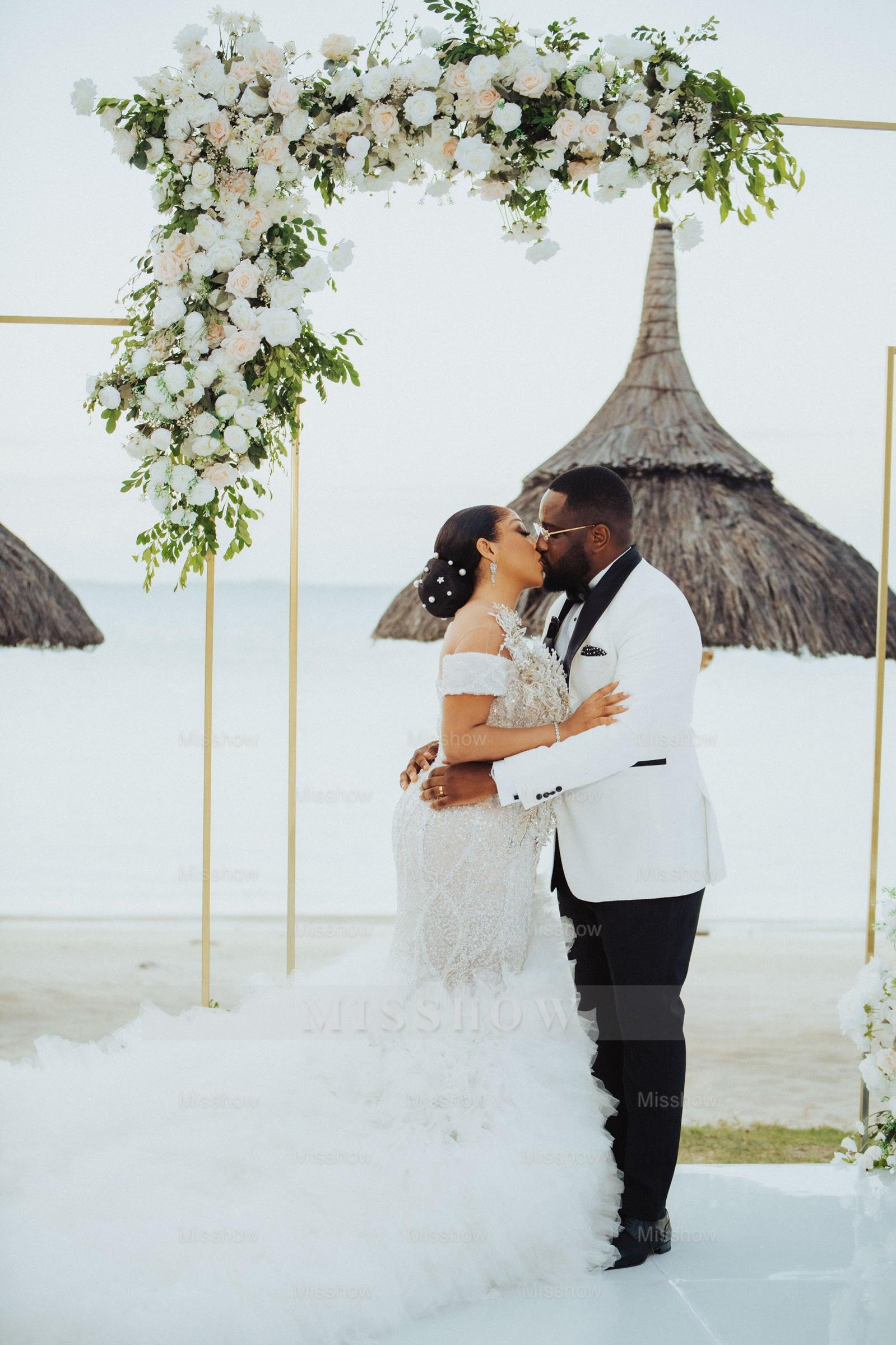 Luxury Long Mermaid Heavy Made Beaded Wedding Dress with Slit and Ruffles