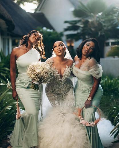 Luxury Long Mermaid Heavy Made Beaded Wedding Dress with Slit and Ruffles