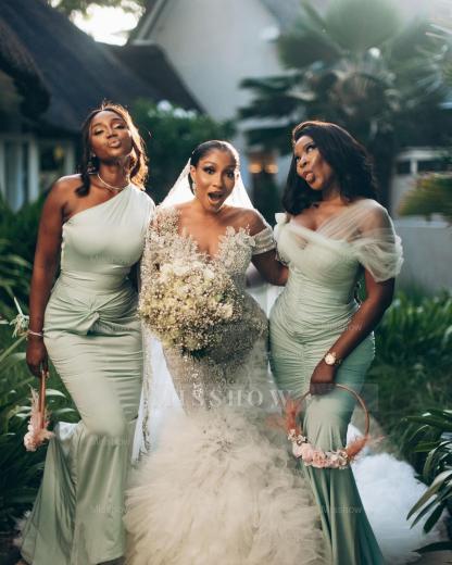 Luxury Long Mermaid Heavy Made Beaded Wedding Dress with Slit and Ruffles