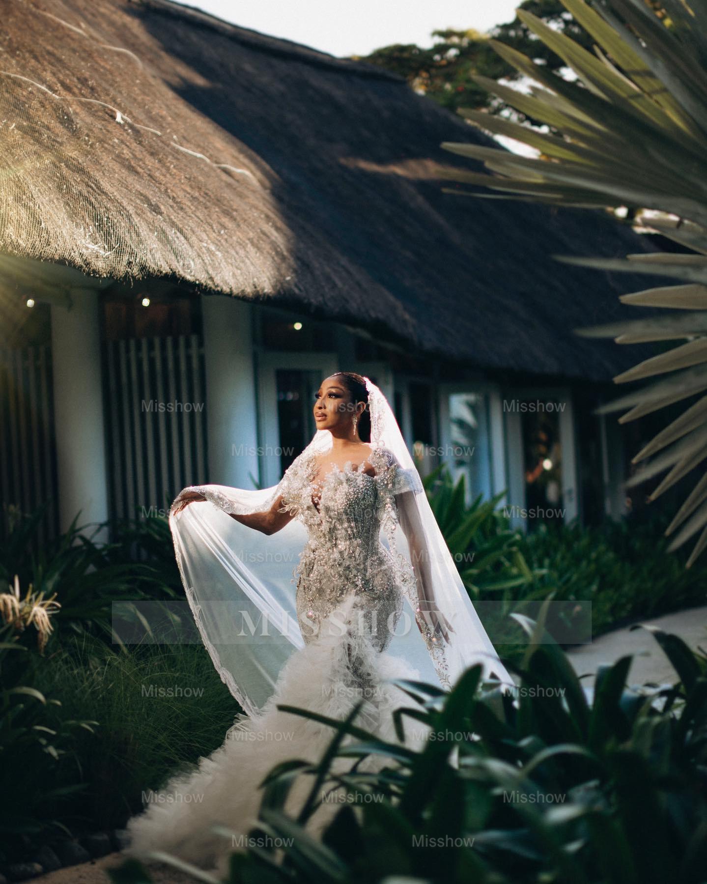 Luxury Long Mermaid Heavy Made Beaded Wedding Dress with Slit and Ruffles