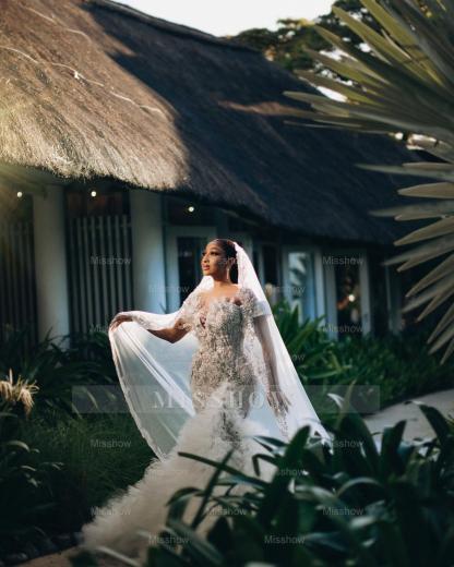 Luxury Long Mermaid Heavy Made Beaded Wedding Dress with Slit and Ruffles