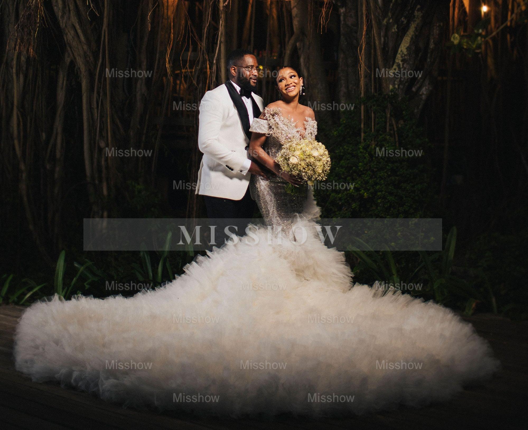 Luxury Long Mermaid Heavy Made Beaded Wedding Dress with Slit and Ruffles
