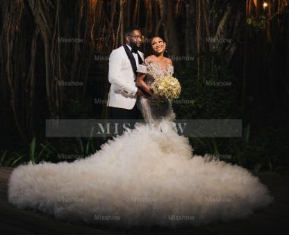Luxury Long Mermaid Heavy Made Beaded Wedding Dress with Slit and Ruffles