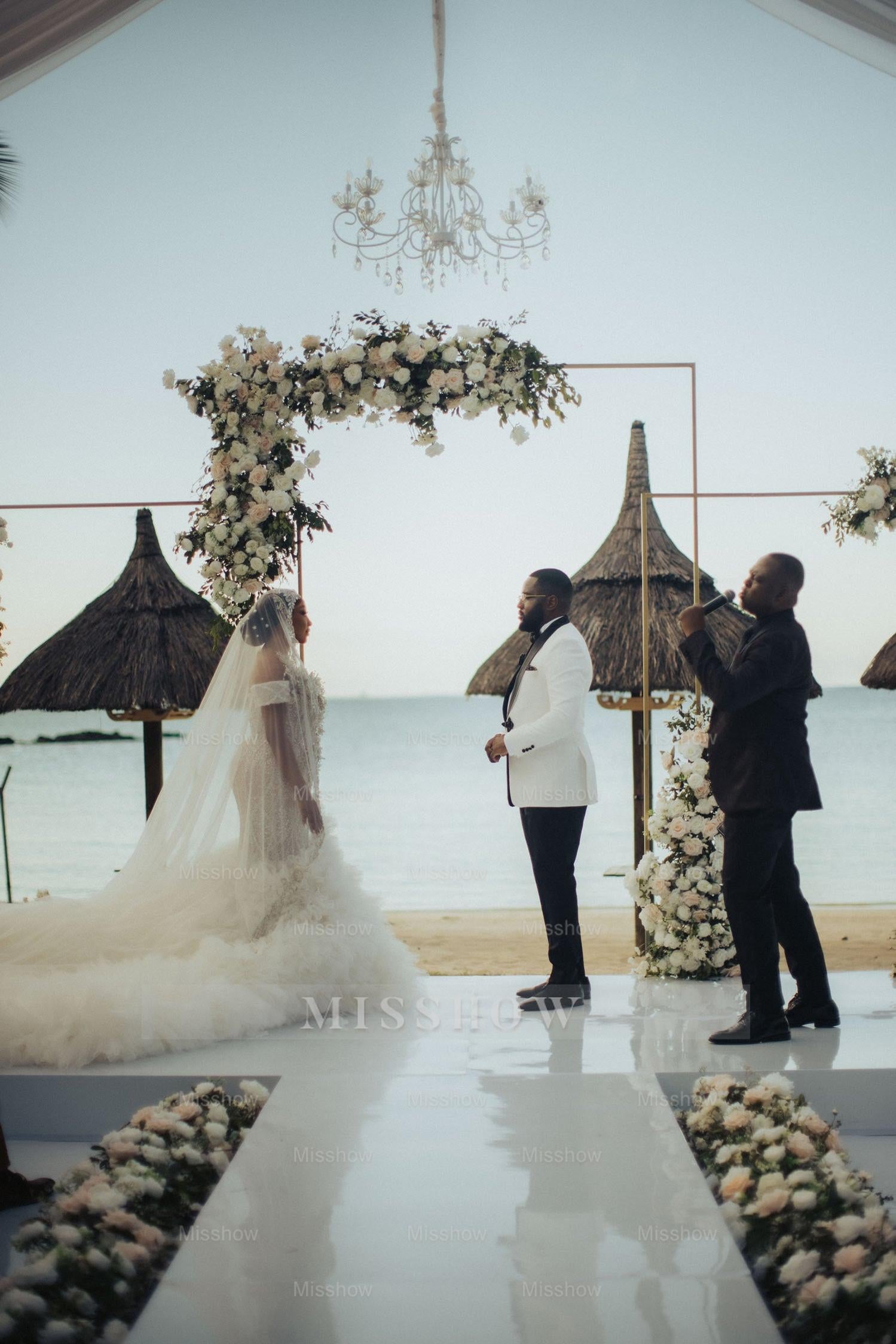 Luxury Long Mermaid Heavy Made Beaded Wedding Dress with Slit and Ruffles